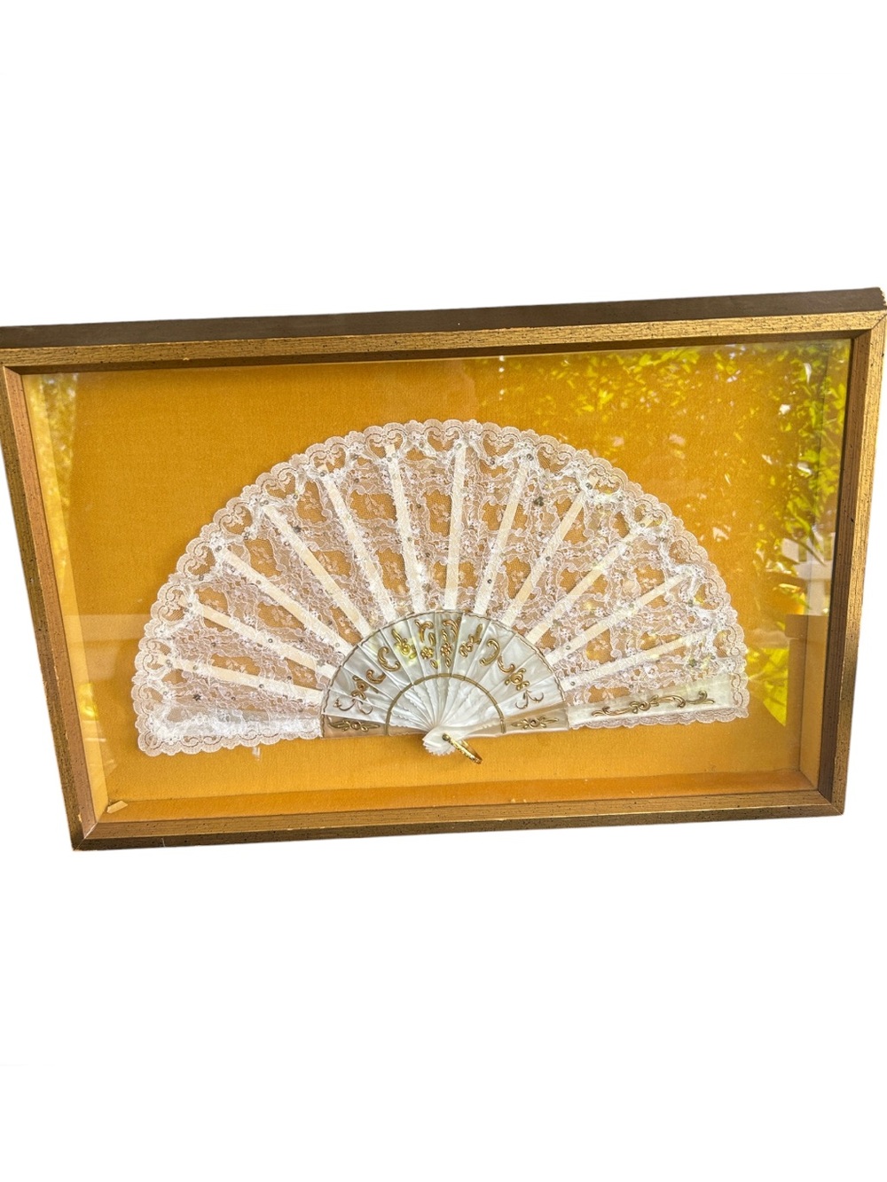 Antique Victorian-era Folding Fan Encased in a Glass & Wood Frame